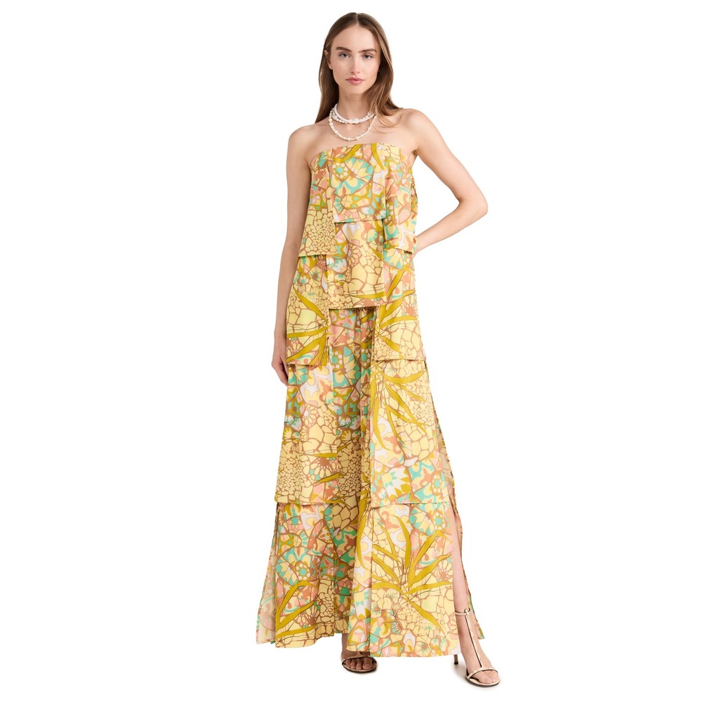 Andrea Iyamah Strata Maxi Dress Ilia Print Strapless Tiered Multi Small US 6